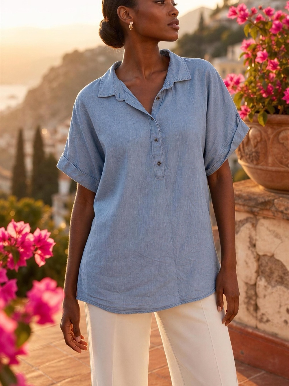 Chaps Light Blue Short-Sleeve Button-Down Top